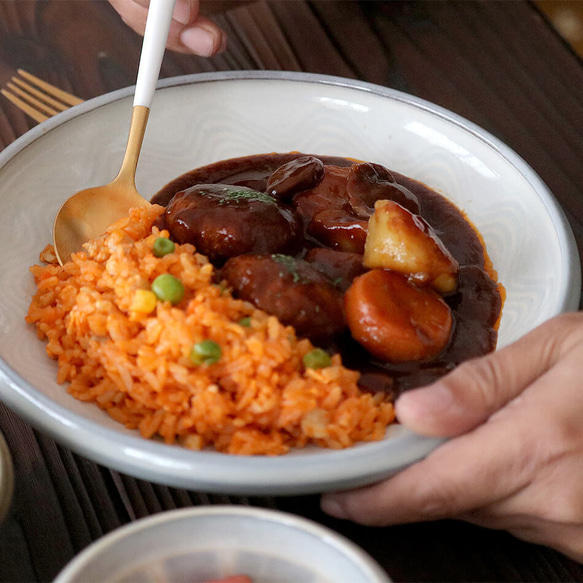 小石原焼 櫛目 カレー皿 藁白 ふらし マルダイ窯 陶器 皿 4枚目の画像