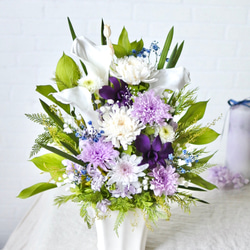 プリザーブドフラワー仏花 高さ35㎝ 百合 リリー カラー かすみ草 紫