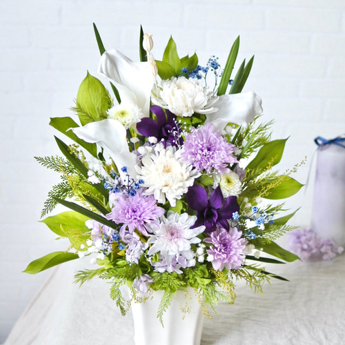 仏花　プリザーブドフラワー　ピンクとパープル系　花器なし プリザーブドフラワー仏花＊デンファレ入りピンク系