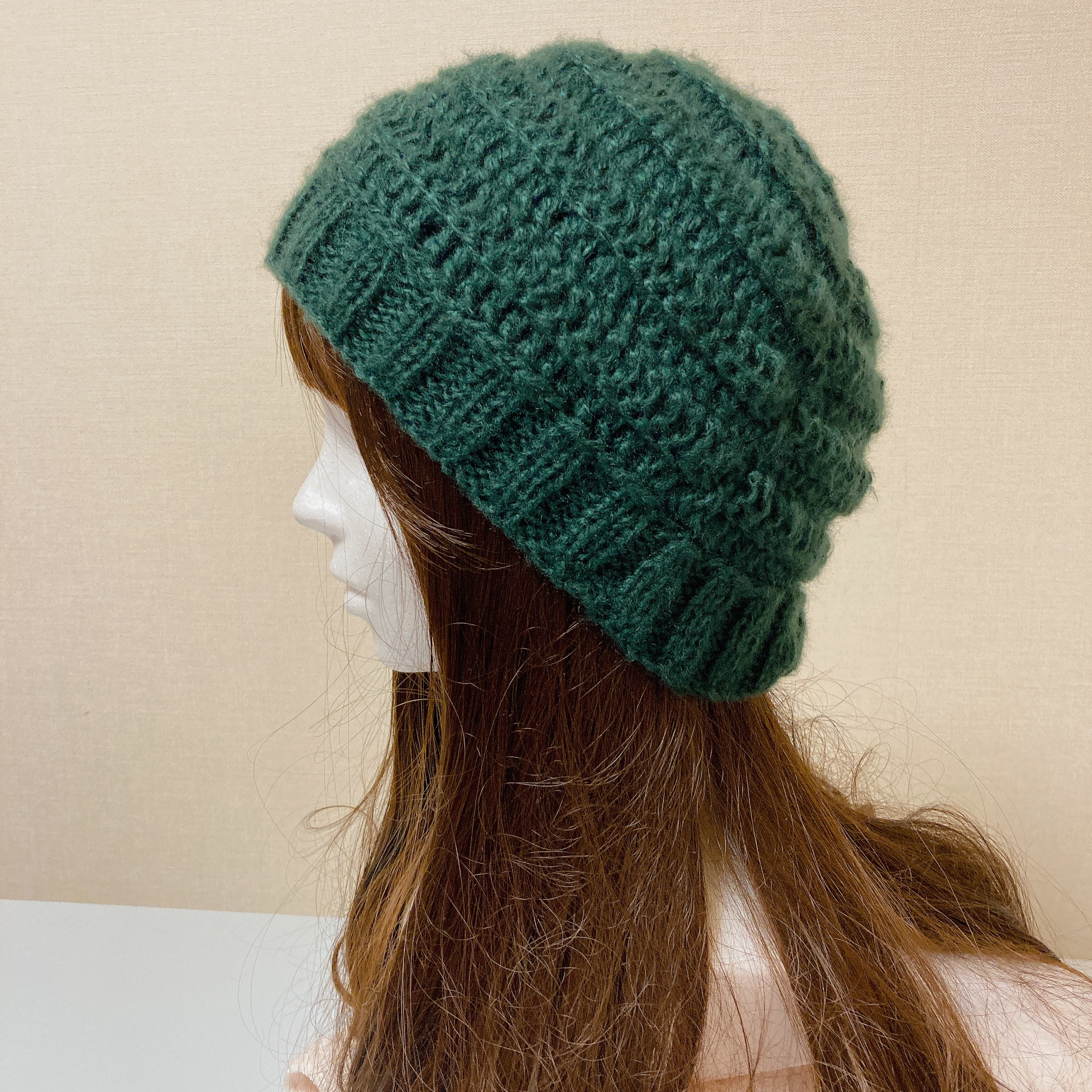 ニット帽　グリーン　手編み　ビーニー　男女兼用　シンプル　おしゃれ　こなれ感