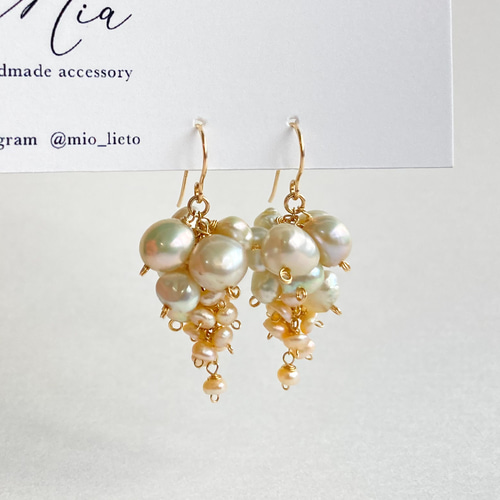 優しい淡色 淡水バロックパールのぶどうピアス／イヤリング 14kgf