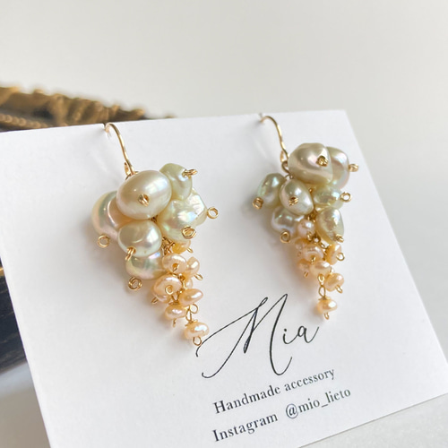 優しい淡色 淡水バロックパールのぶどうピアス／イヤリング 14kgf