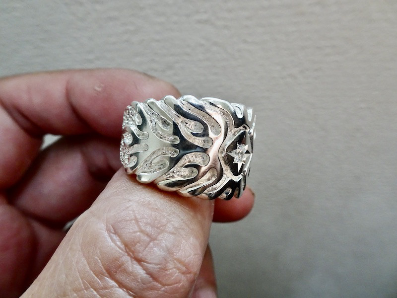 仁尾彫金『一つ星３mmダイヤ、ファイヤーパターン、リング』ハンドメイド243