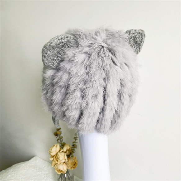 グレーニットハット、ニット帽子、冬の帽子、贈り物、防寒対策、ウサギ耳帽子 4枚目の画像