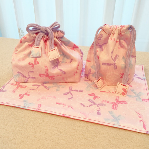 リボン柄のお弁当入れ3点セット(ピンク色) 弁当袋 KINUCA 通販｜Creema 