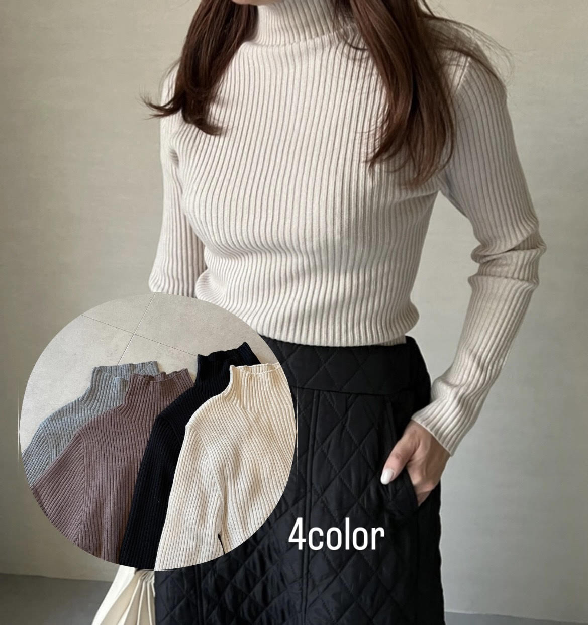 【再販】送0 新作タートルネックのシンプル薄手リブニット【タートルリブニット】