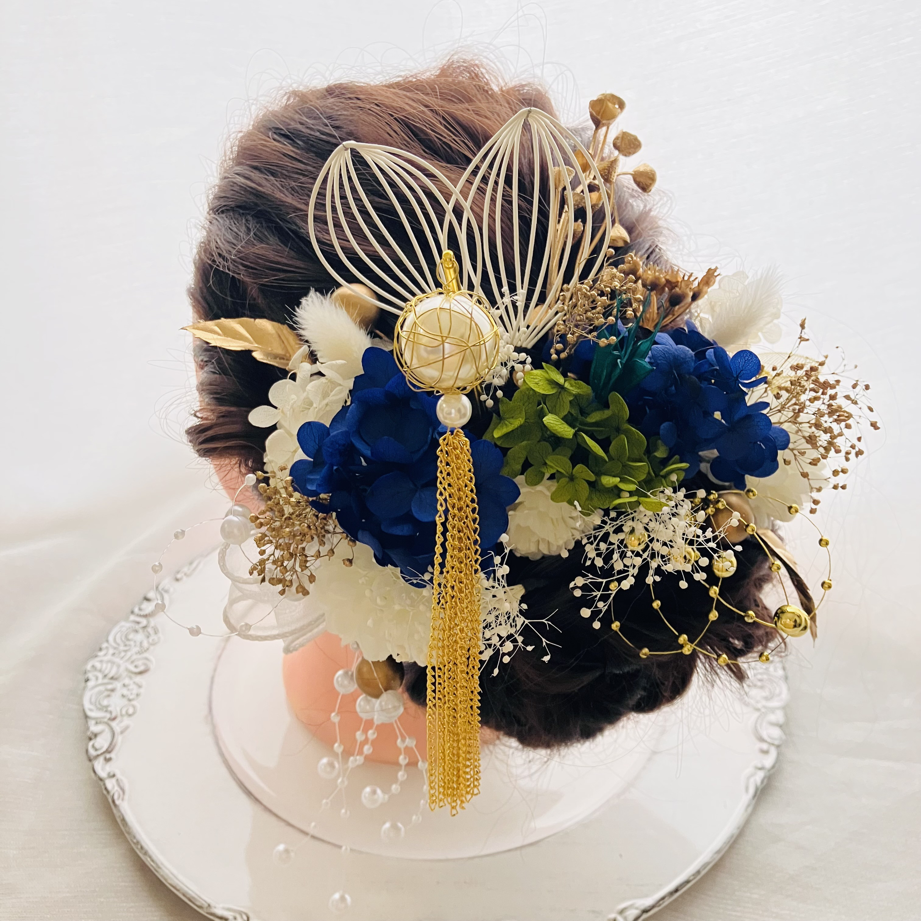 揺れる大ぶりパールタッセル簪&ブルー紫陽花　水引ホワイト　パールチェーンシャワー結婚式成人式　卒業式振袖袴　金箔