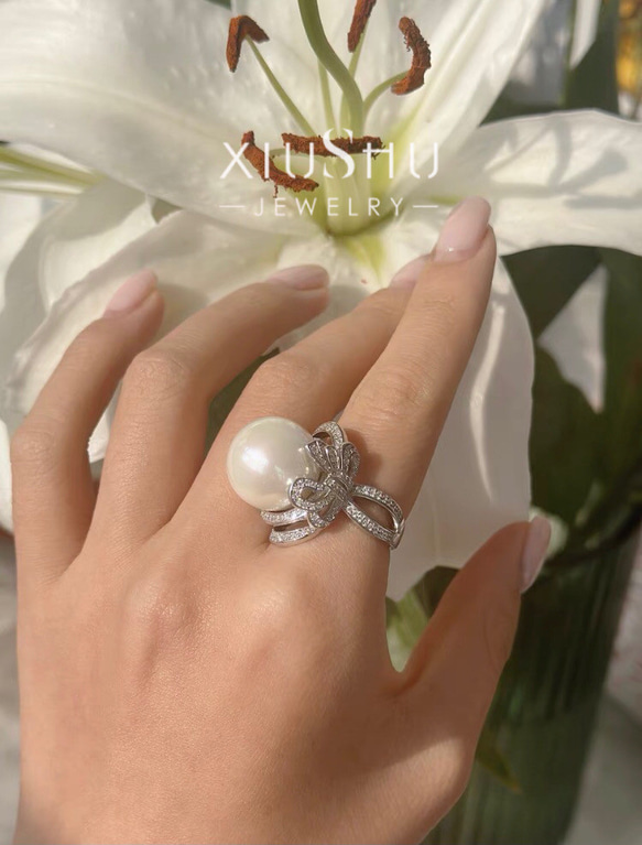 マザーオブパール リボン 人工 真珠 高炭素ダイヤモンド キラキラ ゴージャス エレガント ラグジュアリー リング 指輪 2枚目の画像