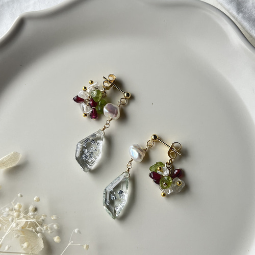 クォーツ 淡水パール ダイヤモンドダストピアス ピアス（スタッド・一