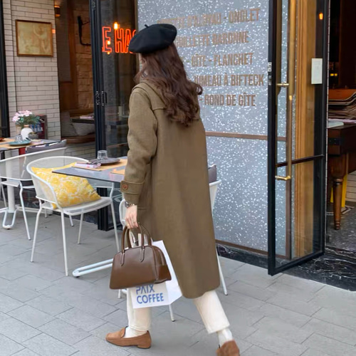 再販 ウール混フード付きダッフルコート ポケット付き【冬春秋】カーキ