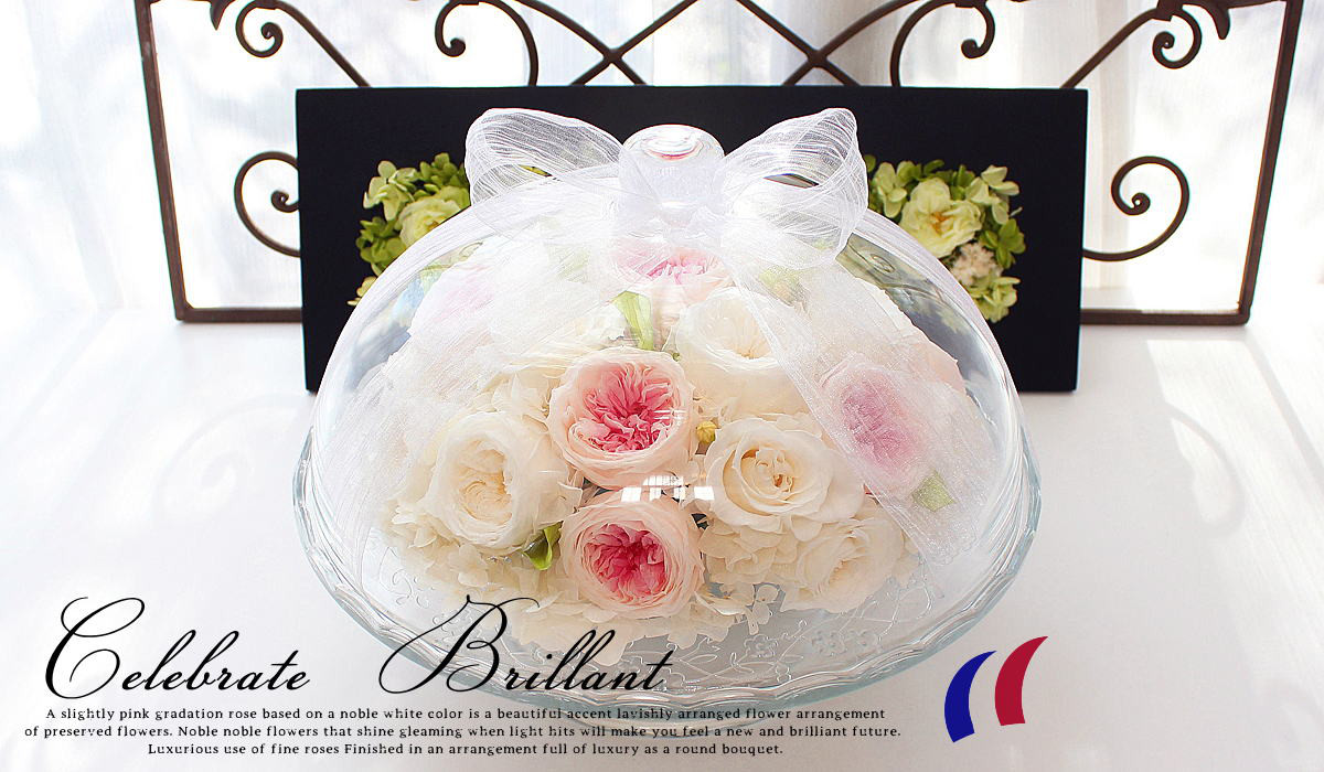 送料無料♪大きなガラスドーム入りプリザーブドフラワーアレンジメント(セレブレイト ブリアント)開業祝  開店祝  結婚祝