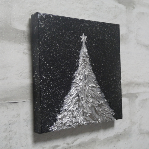 油絵 油彩 油彩画 絵 絵画 アートパネル【銀色クリスマスツリー】 絵画
