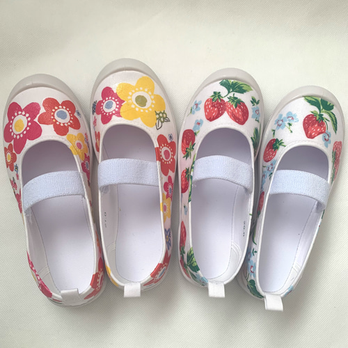 オーダー可 デコ上履き デコパージュ 花柄 上履き(赤)×花(カラフル