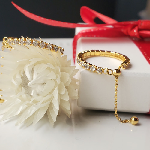 CZダイヤモンドチェーンリング、ジルコニアシルバー925フリーサイズ