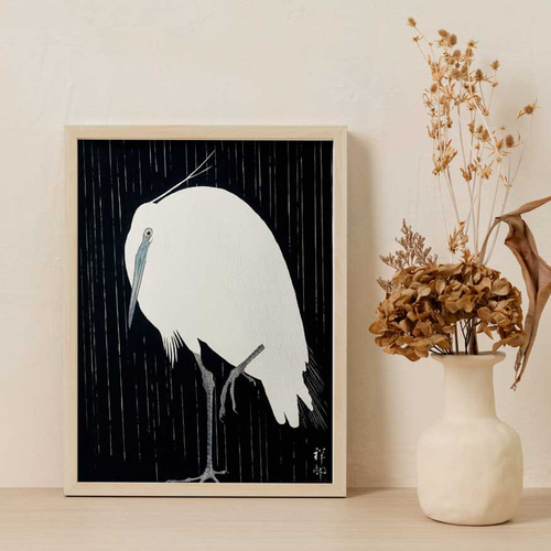 日本画 小原古邨、鷺、日本画、ポスター、リビングや玄関などにお使い下さい