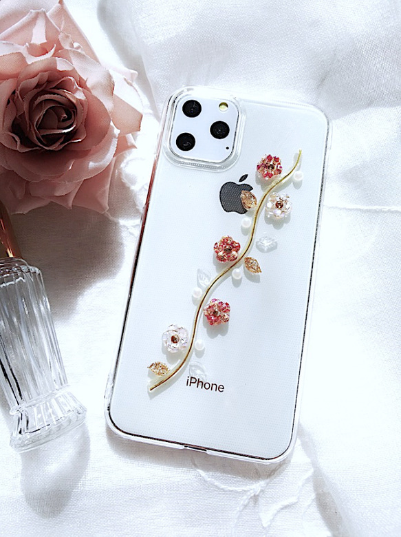 全機種対応】 flower SWAROVSKI gold キラキラ スマホケース