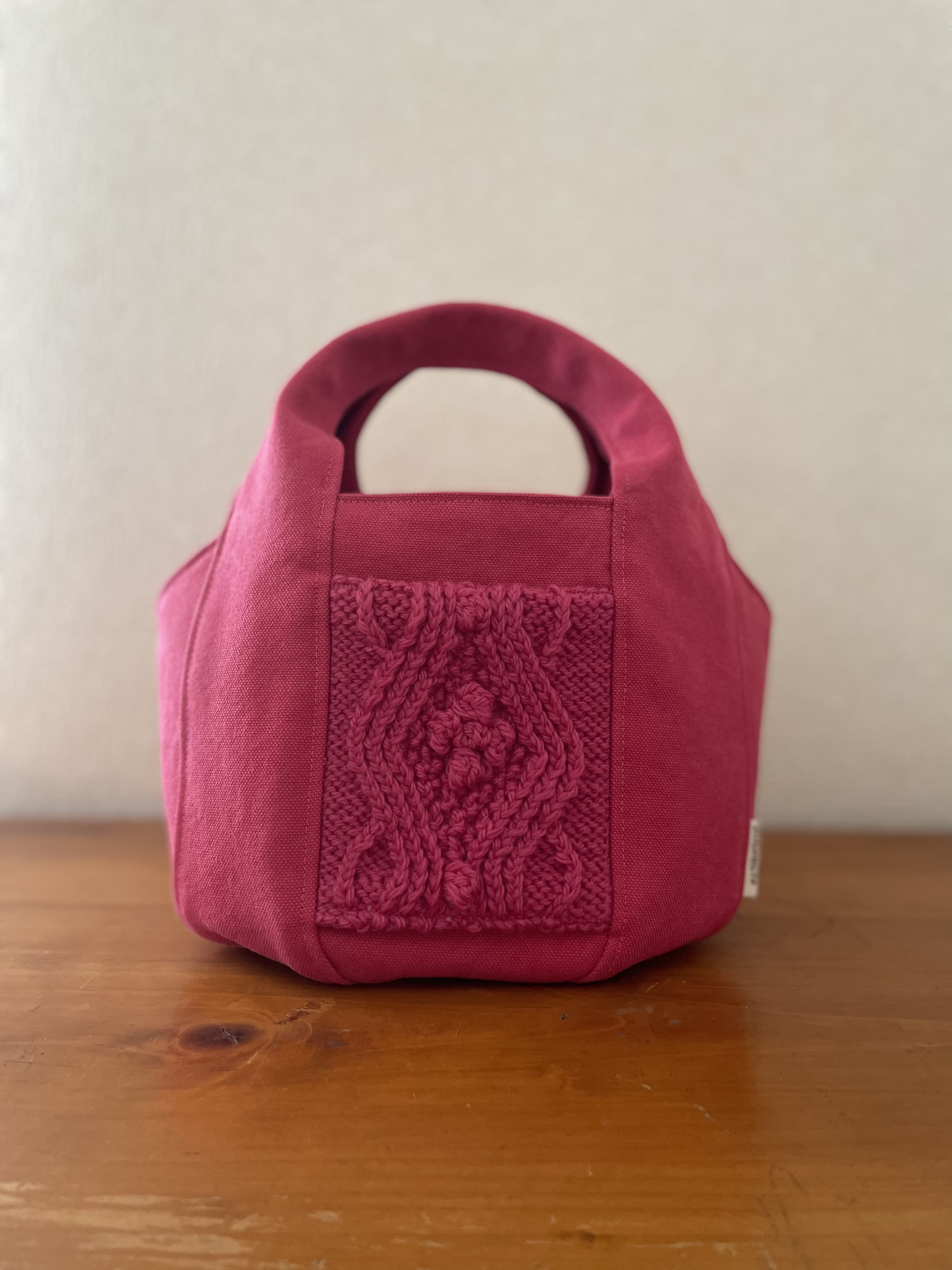 帆布のころんとしたトートバッグ　S size ピンク×サーモンピンク「編み地ポケット」