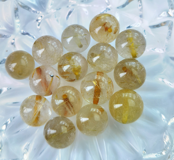 金「運向上」ゴールドルチルクォーツ 9⁺㎜ 5 玉セット 天然石バラ売り