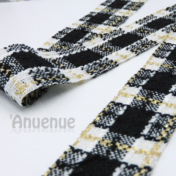 cotton & linen チェック柄リボン（Black x White x Gold）40mm ×50cm 1枚目の画像