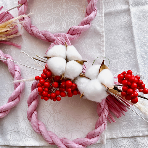 ドライフラワーのコットンしめ縄リース ピンク 可愛い ナチュラル 正月