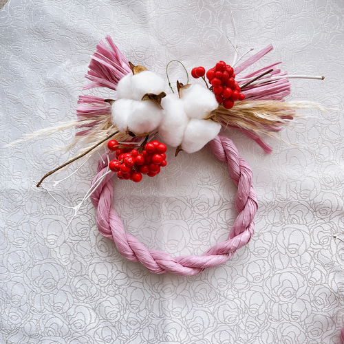 ドライフラワーのコットンしめ縄リース ピンク 可愛い ナチュラル 正月