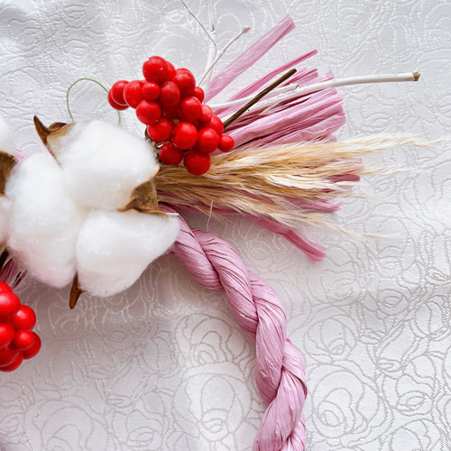 ドライフラワーのコットンしめ縄リース ピンク 可愛い ナチュラル 正月