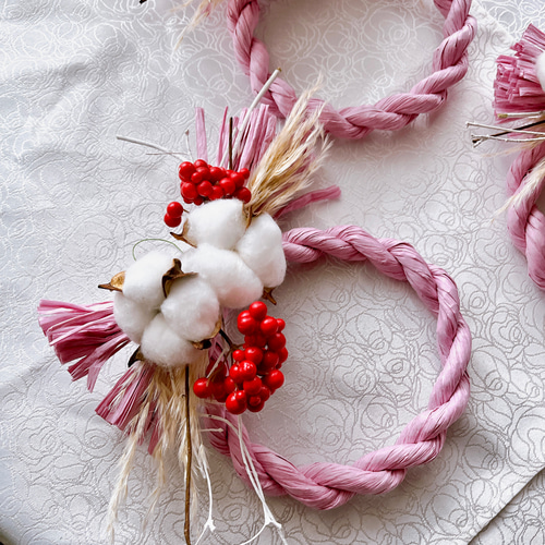 ドライフラワーのコットンしめ縄リース ピンク 可愛い ナチュラル 正月