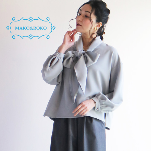 ブルーグレー】洗えるさらりタッチ生地3WAYボウタイブラウス ブラウス