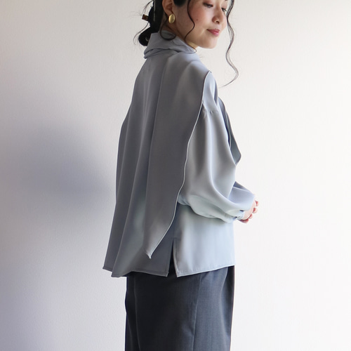 ブルーグレー】洗えるさらりタッチ生地3WAYボウタイブラウス ブラウス