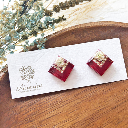 再販】一粒 ピアス／イヤリング 小粒 小ぶり スクエア 四角 ひし形