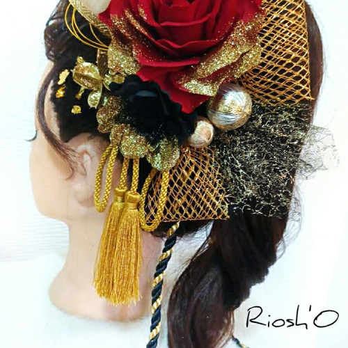 薔薇 レッド×ブラック 金箔 和装 髪飾り 成人式 モダン クール レトロ