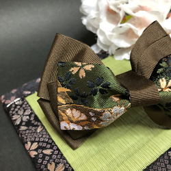 京都 西陣織 カーキ桜扇× 茶色 アシメリボンクリップ 3枚目の画像