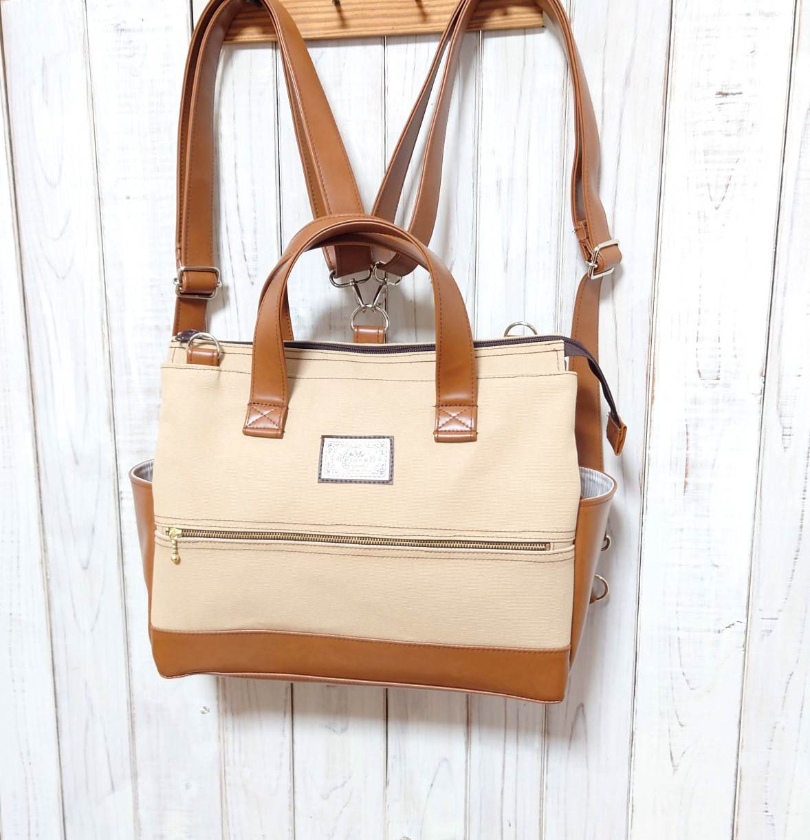 4way8号うすベージュ帆布とモカチャ合皮の四角いリュック＋バック(横型）（受注製作) 8,880円