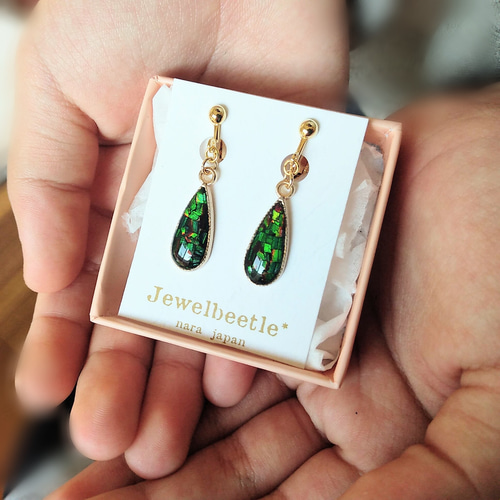 天然ヤマトタマムシの羽 ピアス・イヤリング シンプル しずく ピアス