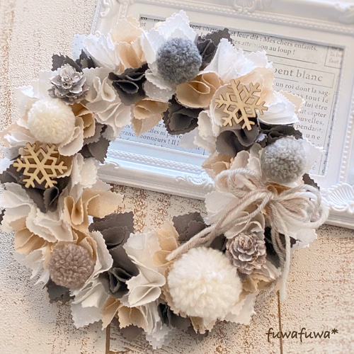 布リース*White Christmas☆*　ふわまるリース　クリスマス 布リース*White Christmas☆* ふわまるリース クリスマス 布リース