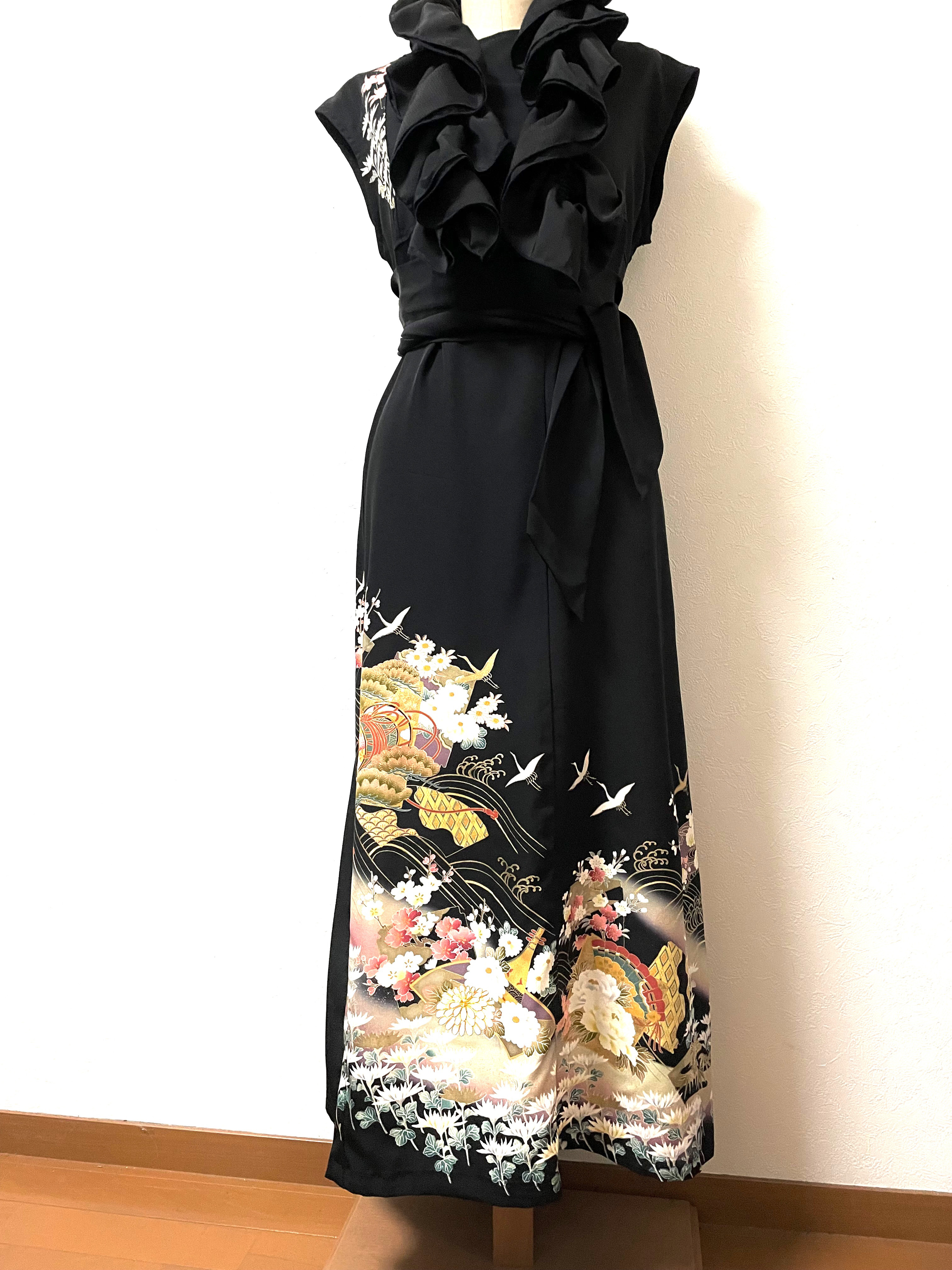 G一点物　絹　着物　ドレス　ワンピ　ハンドメイドロング　kimono dress G一点物 絹 着物 ドレス ワンピ ハンドメイドロング kimono