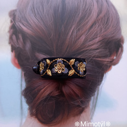 ブルー×ホワイトボタニカル インド刺繍リボン クラップカフ ポニー