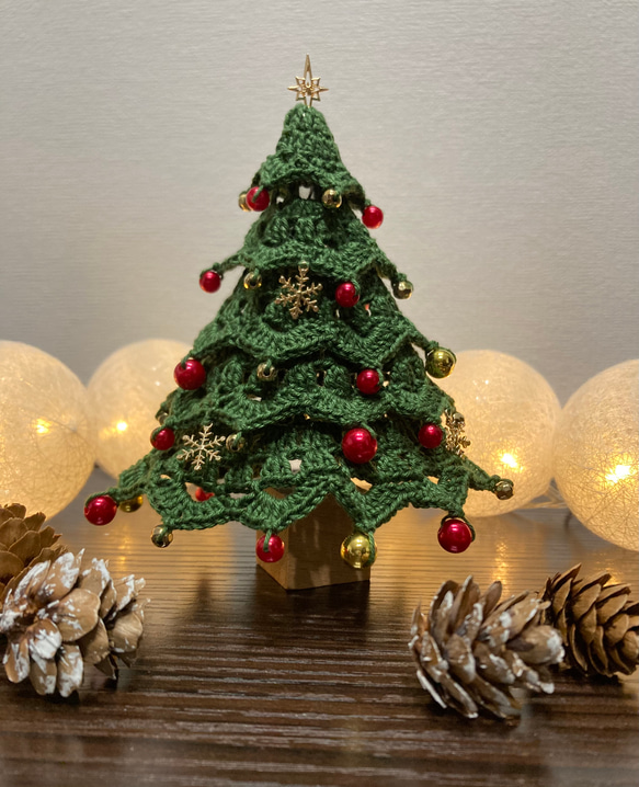 送料無料] クリスマスツリー ハンドメイド 手編み グリーン レース 