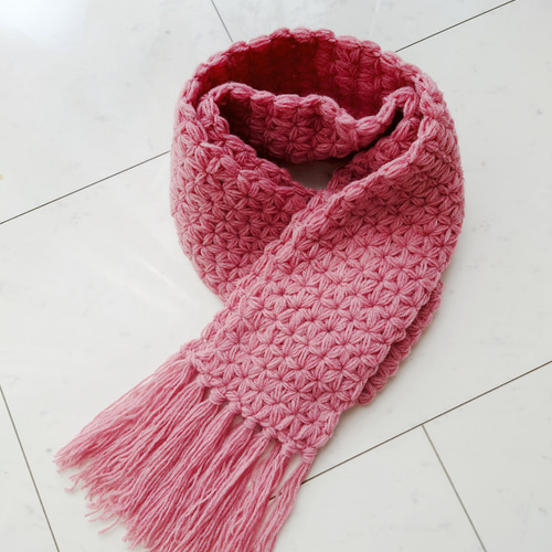 再販】マフラー リフ編み 花 模様 フリンジ 編み 手編み 編み物 ピンク