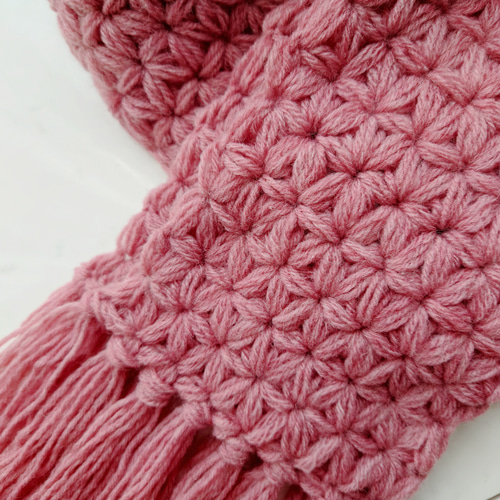 再販】マフラー リフ編み 花 模様 フリンジ 編み 手編み 編み物 ピンク