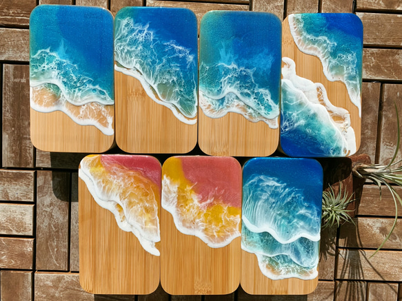 海のお弁当箱♪ランチボックス 木製 ピクニック キャンプ アウトドア　ハンドメイド 紅葉 海アート 料理おかず ピンク 6枚目の画像