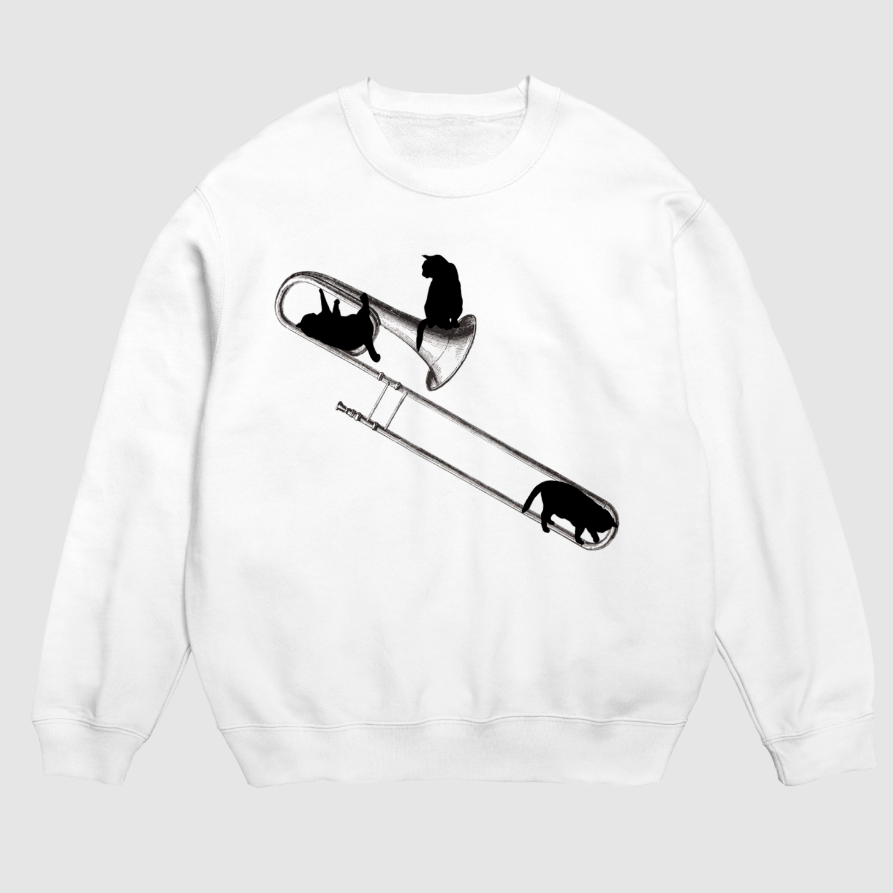 トロンボーンと黒猫のスウェット(白/裏パイル)