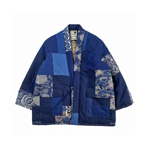 日系藍染復古パッチワーク刺子綿道袍つぎはぎゆったり秋冬綿衣加綿外套 3枚目の画像