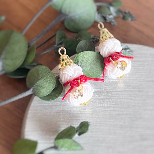 水引 雪だるまのクリスマスピアス/イヤリング ピアス（フック