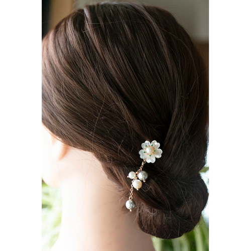 白蝶貝細工桜と貝パールのかんざし u字 簪 ヘアアクセサリー 和装髪