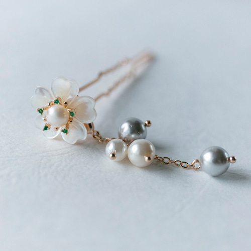 白蝶貝細工桜と貝パールのかんざし u字 簪 ヘアアクセサリー 和装髪