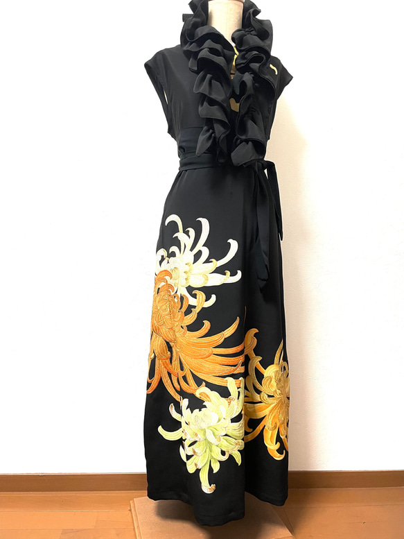 送料無料 着物 リメイク 留袖 正絹 菊 刺繍 豪華 シルクロング  