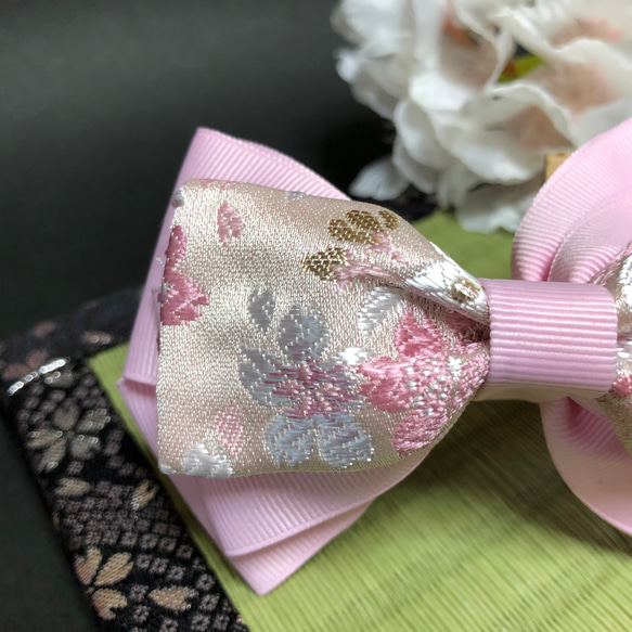 京都 西陣織 ピンク桜 × ピンク アシメリボンクリップ 2枚目の画像