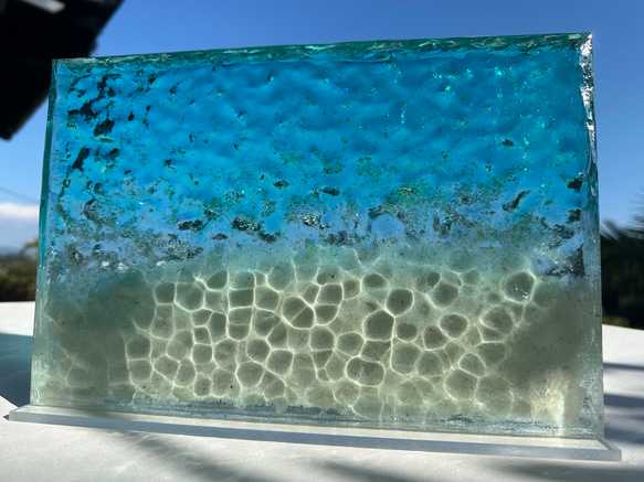 新作　アートインテリアパネル 安らぎの砂浜　立てかけパネル　レジン　水紋アート　海resin 4枚目の画像