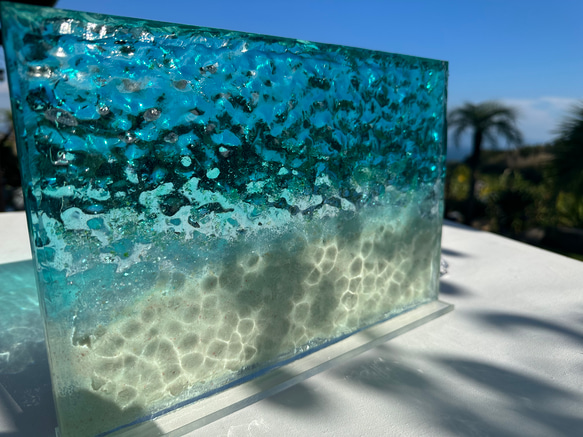 新作　アートインテリアパネル 安らぎの砂浜　立てかけパネル　レジン　水紋アート　海resin 1枚目の画像